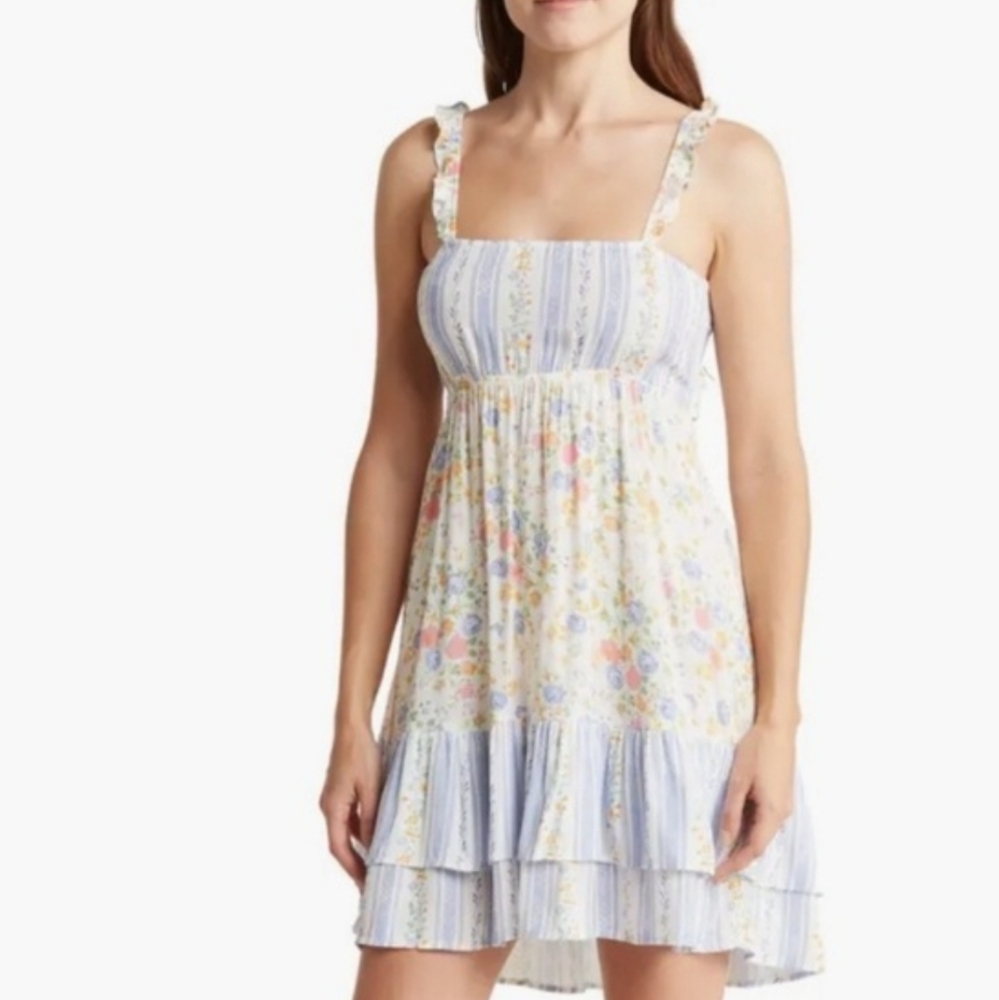 Maaji Floral Cover Up Dress L | Blue White Tiered Resort Mini Dress